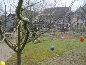 Ein Baum ist geschmückt mit Ostereiern.