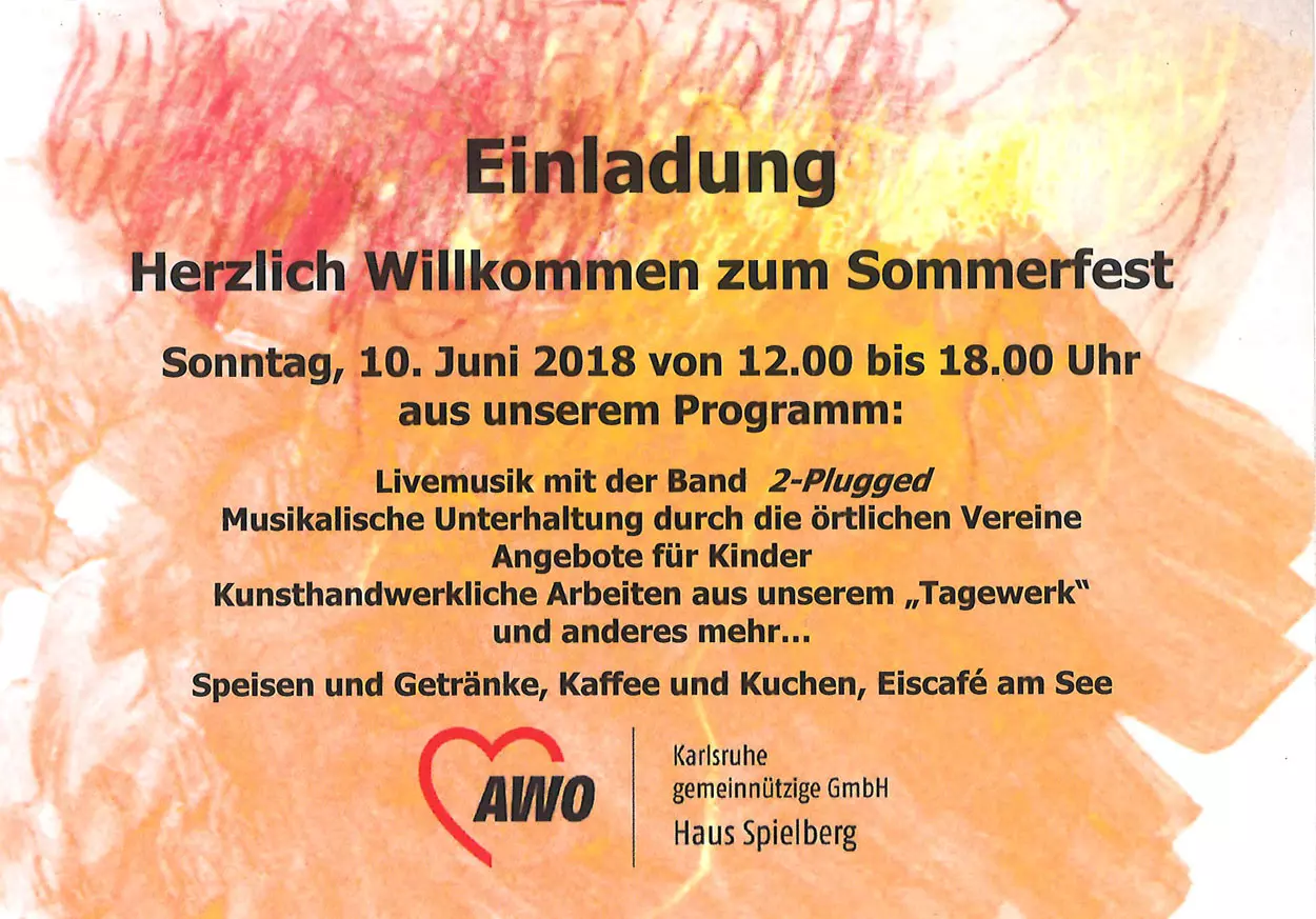 Postkarte mit Einladungstext zum Sommerfest vom AWO Haus Spielberg.