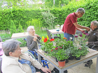 Senioren sitzen im Garten.