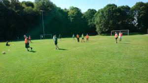 Menschen spielen auf einer Wiese Fußball.