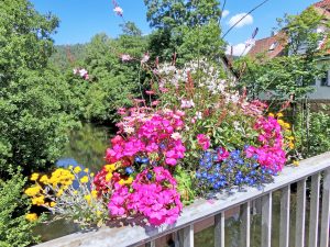 Ein Geländer mit Blumen.