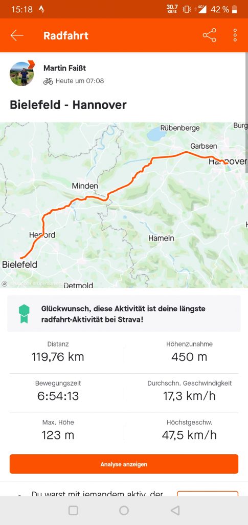 Handscreenshot Fahradtour von Bielefeld nach Hannover