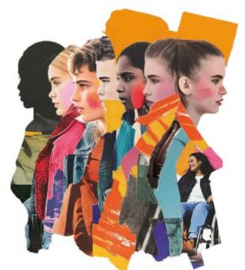 Collage mehrerer Jugendlicher in seitlichem Profil, bunt und vielfältig gestaltet, rechts eine Frau im Rollstuhl.