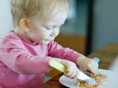 Kleines Kind konzentriert sich darauf, mit beiden Händen Besteck zu benutzen und ein Stück Essen auf dem Teller zu zerteilen.