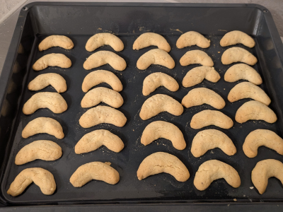 Ein Backblech mit rohen Vanillekipferln liegt bereit zum Backen. Die Kipferl sind gleichmäßig in Reihen angeordnet.