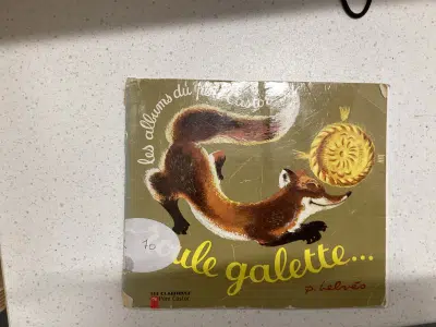 Das französische Kinderbuch „La galette…“ liegt auf einem Tisch. Auf dem Cover sind ein Fuchs und ein goldbrauner Kuchen abgebildet.
