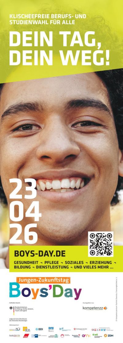 Plakat mit lächelendem Jugendlichen mit Locken, Datum 23.04.2026 und Boys’Day-Infos.