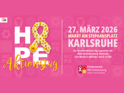 Pinker Hintergrund, Schriftzug „HOPE Aktionstag“ mit Narzissenschleife. Ankündigung: 27. März 2026, Markt am Stephansplatz Karlsruhe. Spendenaktion zugunsten der Krebsberatung mit Live-Musik und Aktionen von 8 bis 13 Uhr.