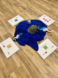 Materialien der MAKS®-Demenztherapie liegen auf blauem Tuch am Boden, umgeben von Karten zu motorischem, kognitivem, sozialem und alltagspraktischem Modul während einer Schulung der AWO Karlsruhe.