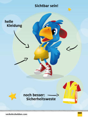 Pädagogisches Lernposter der ADAC Stiftung zur Verkehrssicherheit auf hellblauem Grund. In der Mitte steht die blaue Rabenfigur ADACUS mit gelber Latzhose und roter Kappe.