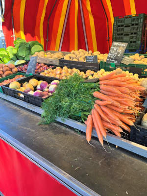 Auslage mit Karotten, Kartoffeln, Kohl und weiteren Gemüsesorten auf einem Marktstand.