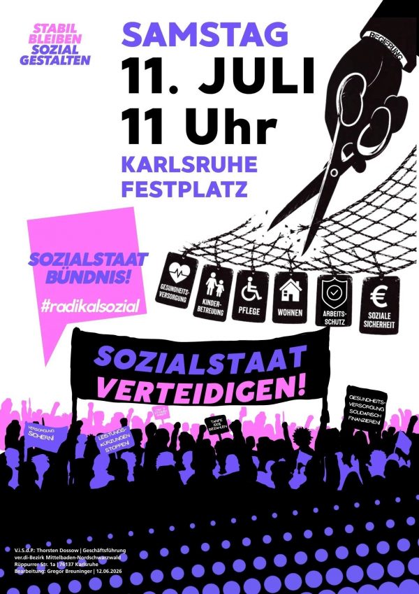 Demonstration für einen starken Sozialstaat am 11. Juli 2026 um 11 Uhr auf dem Festplatz Karlsruhe.