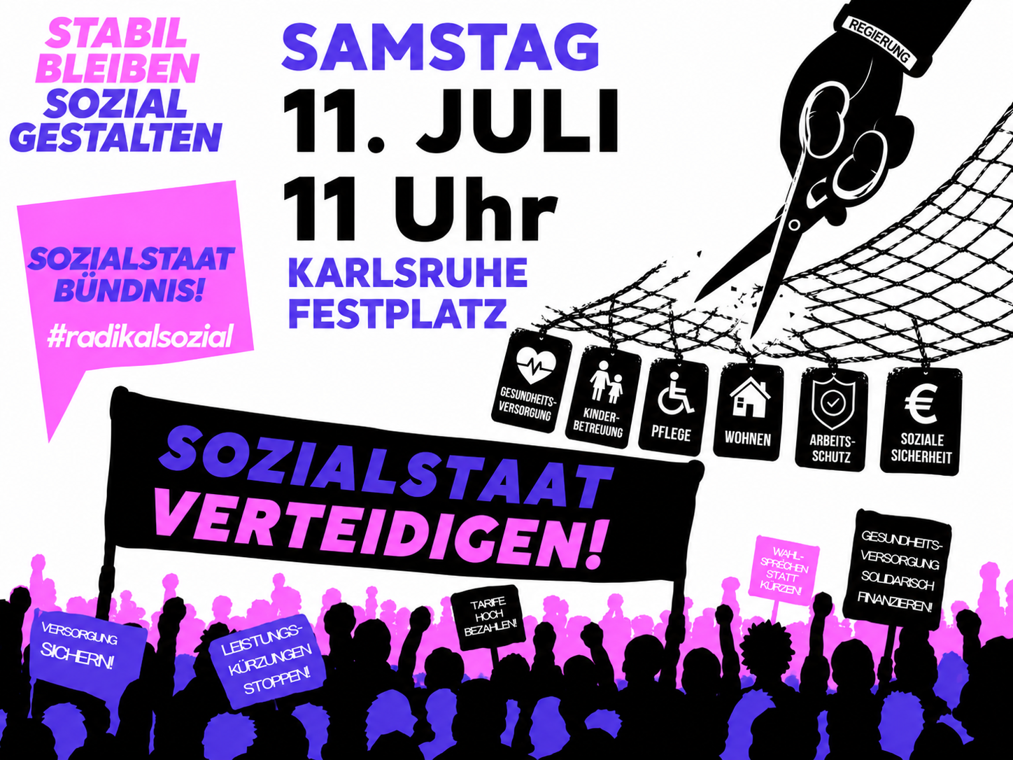 Demonstration für einen starken Sozialstaat am 11. Juli 2026 um 11 Uhr auf dem Festplatz Karlsruhe.