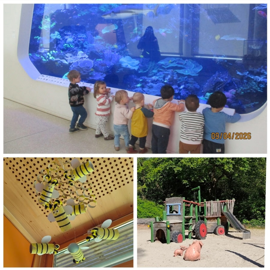 Kinder der Krippengruppe Schnecken der Kita SieKids Villa Pusteblume Karlsruhe vor einem großen Aquarium; darunter gebastelte Bienen aus Klorollen und ein Klettergerüst auf einem Bauernhof-Spielplatz.