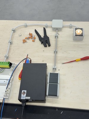 Aufbau eines einfachen Stromkreises auf einer Holzplatte mit Kabeln, Schaltern, Werkzeug und leuchtender Lampe.