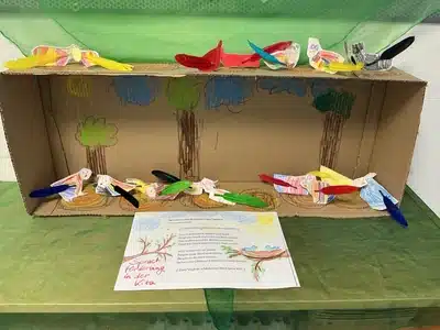 Gebastelte Vogellandschaft aus Karton mit bunten Papier- und Federvögeln in der Kita Der Kleine Prinz.