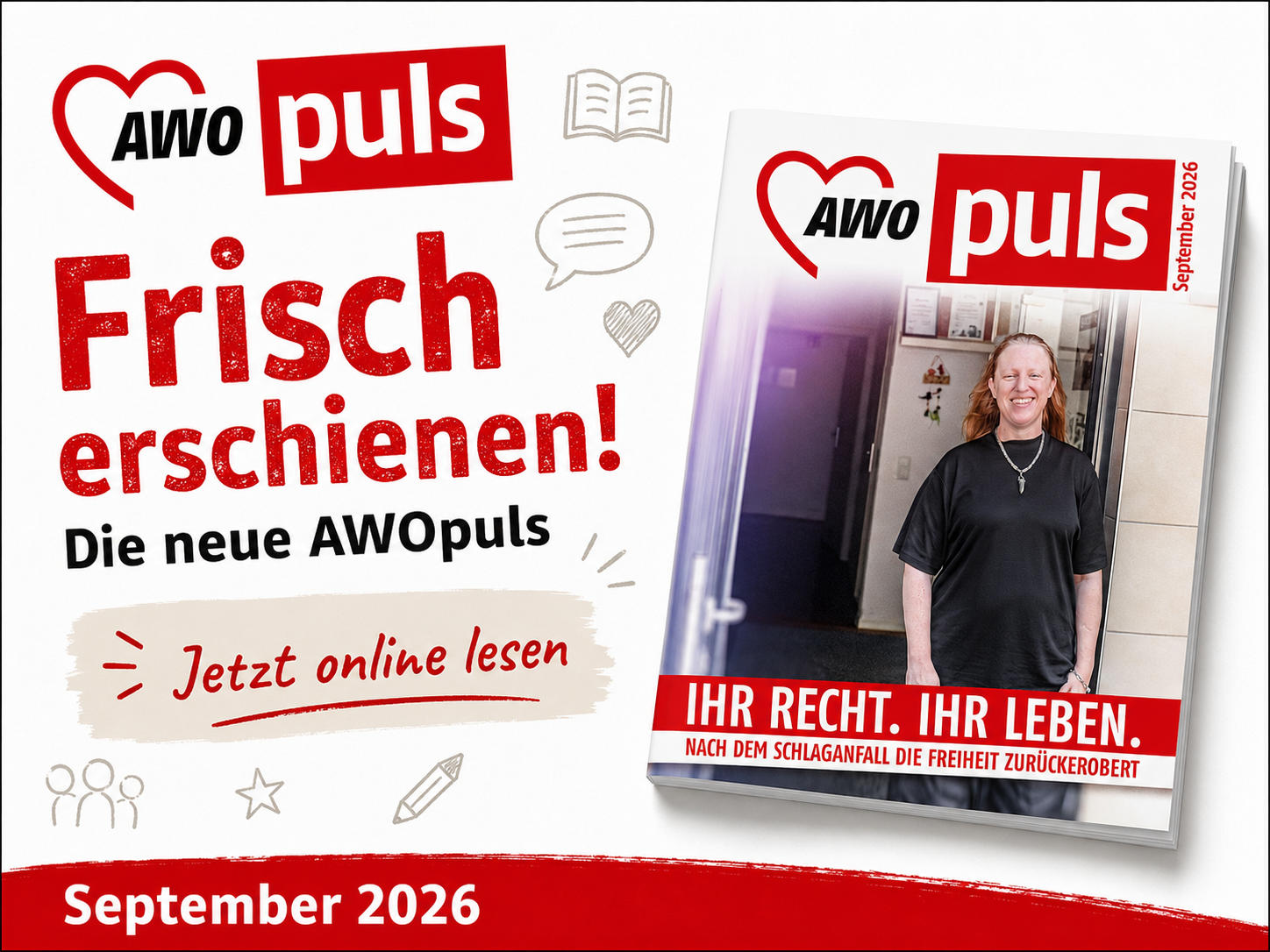 Grafik zur neuen AWOpuls-Ausgabe September 2026 mit dem Magazincover und dem Hinweis „Jetzt online lesen“