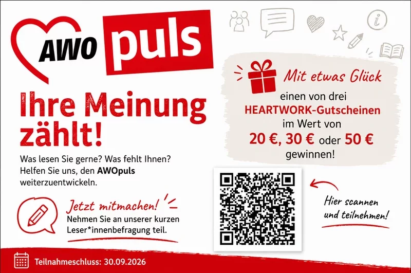 Aufruf zur AWOpuls-Leser*innenbefragung mit Gewinnspiel. Zu gewinnen gibt es einen von drei HEARTWORK-Gutscheinen (20 €, 30 € oder 50 €). Enthält einen QR-Code zum Scannen und Teilnehmen. Teilnahmeschluss: 30.09.2026.