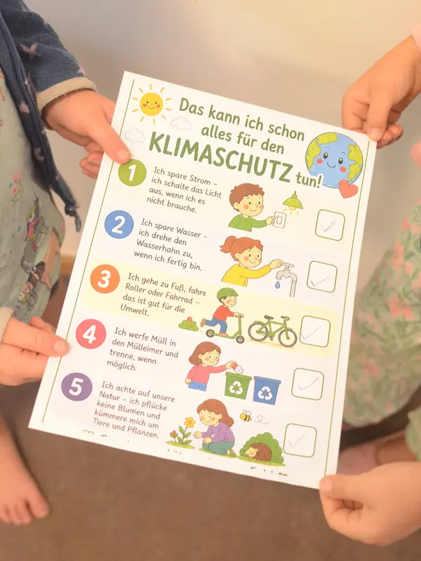 Kinder halten eine bebilderte Checkliste mit einfachen Klimaschutzideen wie Strom- und Wassersparen, Mülltrennung und dem Schutz von Pflanzen und Tieren.