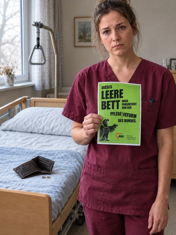 Eine Pflegekraft hält ein grünes Aktionsplakat vor einem leeren Pflegebett, auf dem eine geöffnete Geldbörse liegt.