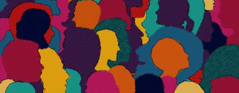 Viele farbige Silhouetten von Menschen stehen dicht nebeneinander.