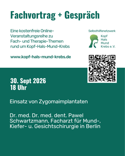 Ankündigung des Online-Fachvortrags „Einsatz von Zygomaimplantaten“ am 30. September 2026 um 18 Uhr.
