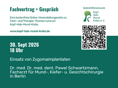 Ankündigung des Online-Fachvortrags „Einsatz von Zygomaimplantaten“ am 30. September 2026 um 18 Uhr.