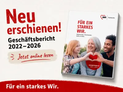 Grafik zum AWO-Geschäftsbericht 2022–2026 mit dem Titelcover „Für ein starkes Wir.“ und den Hinweisen „Neu erschienen!“ und „Jetzt online lesen“.