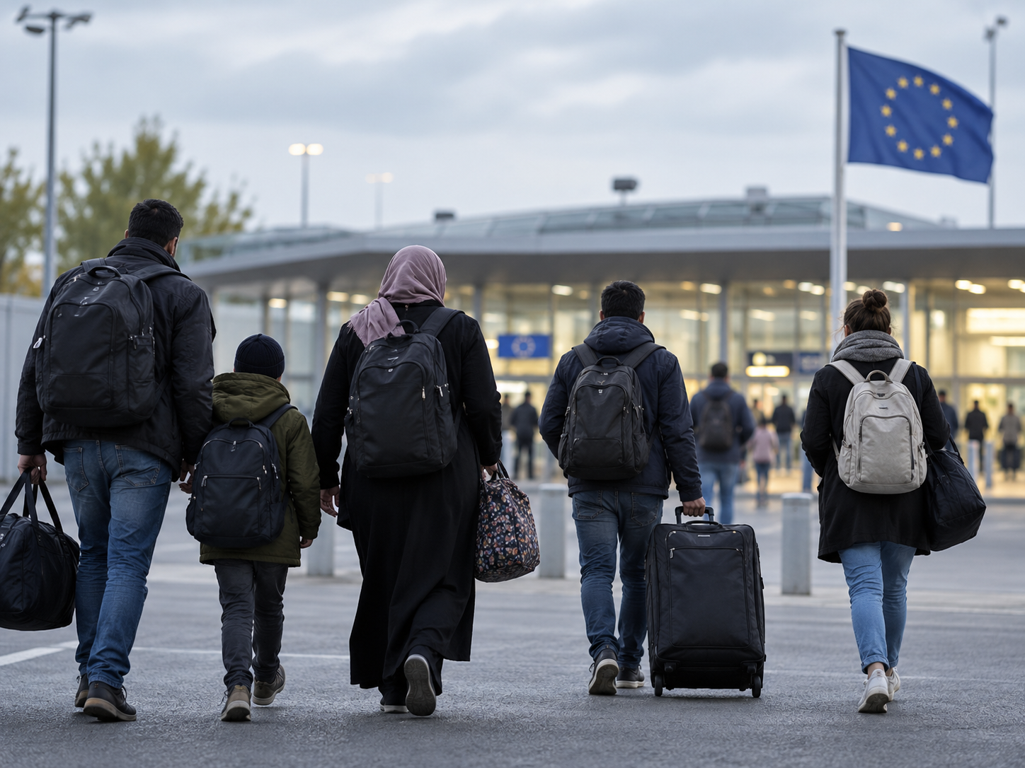 Mehrere Menschen mit Rucksäcken gehen auf ein europäisches Ankunftsgebäude zu; im Hintergrund weht eine EU-Flagge.“