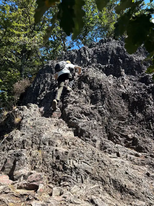 - Eine Person steigt über Felsen einen steilen Bergpfad hinauf.